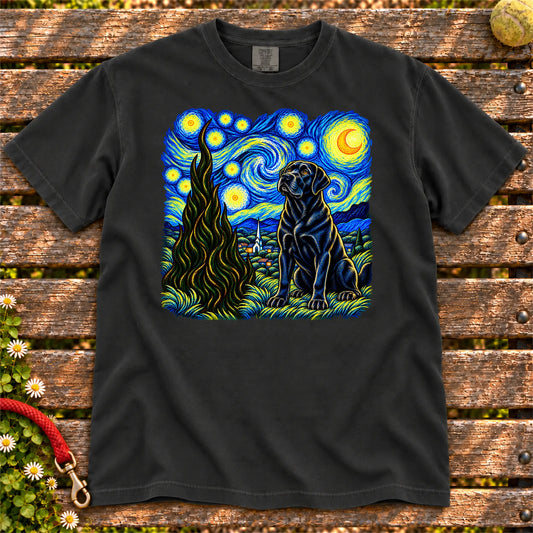 Colorful Labrador Retriever beneath a swirling starry night sky on a Black T-shirt