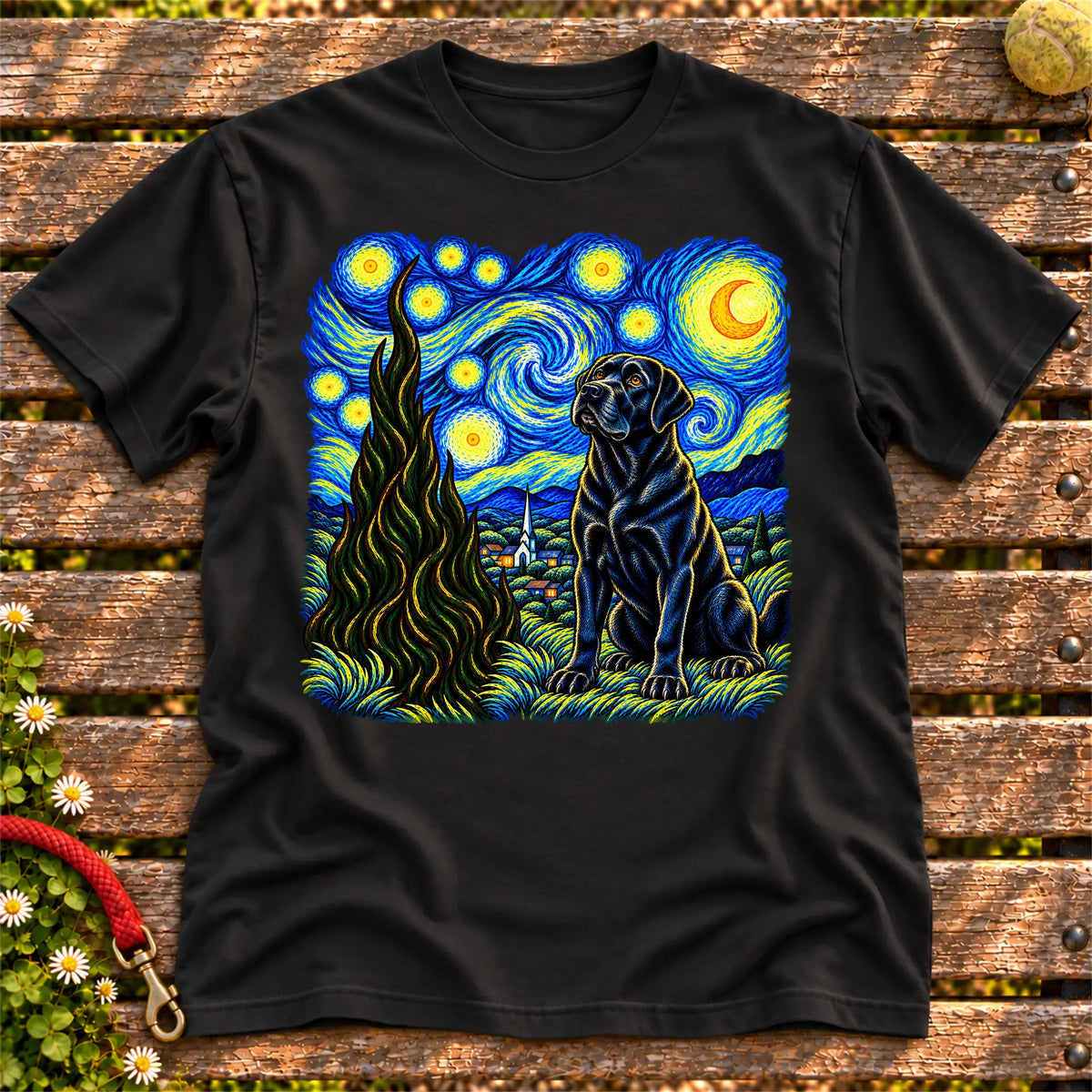 Colorful Labrador Retriever beneath a swirling starry night sky on a Black T-shirt