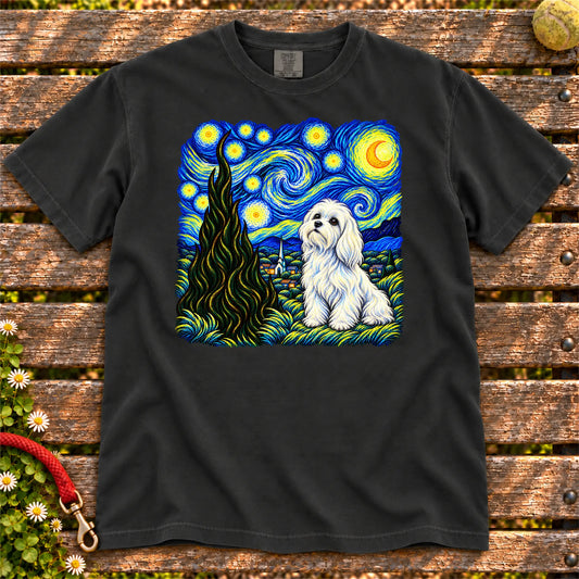 Colorful Maltese beneath a swirling starry night sky on a Black T-shirt