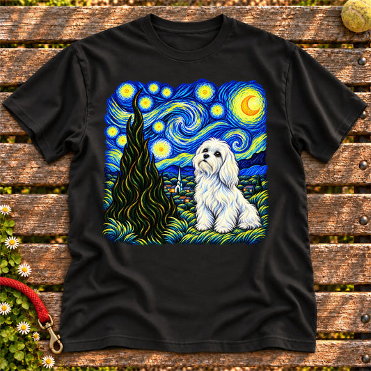 Colorful Maltese beneath a swirling starry night sky on a Black T-shirt