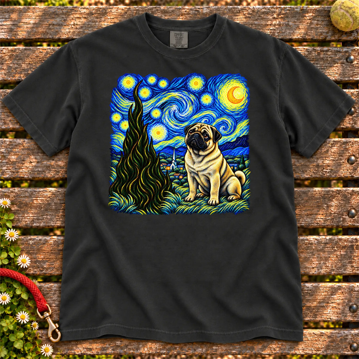 Colorful Pug beneath a swirling starry night sky on a Black T-shirt