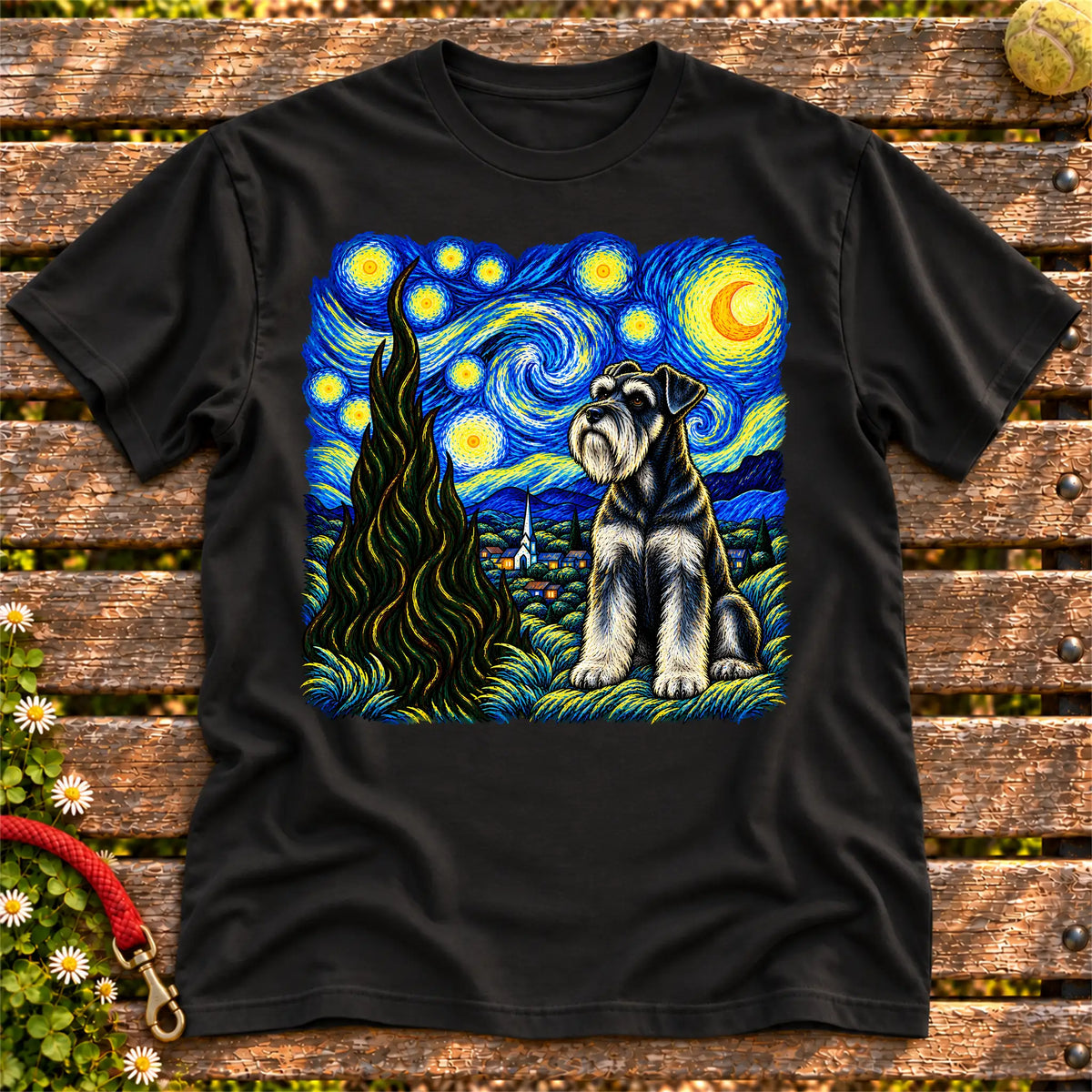 Colorful Schnauzer beneath a swirling starry night sky on a Black T-shirt