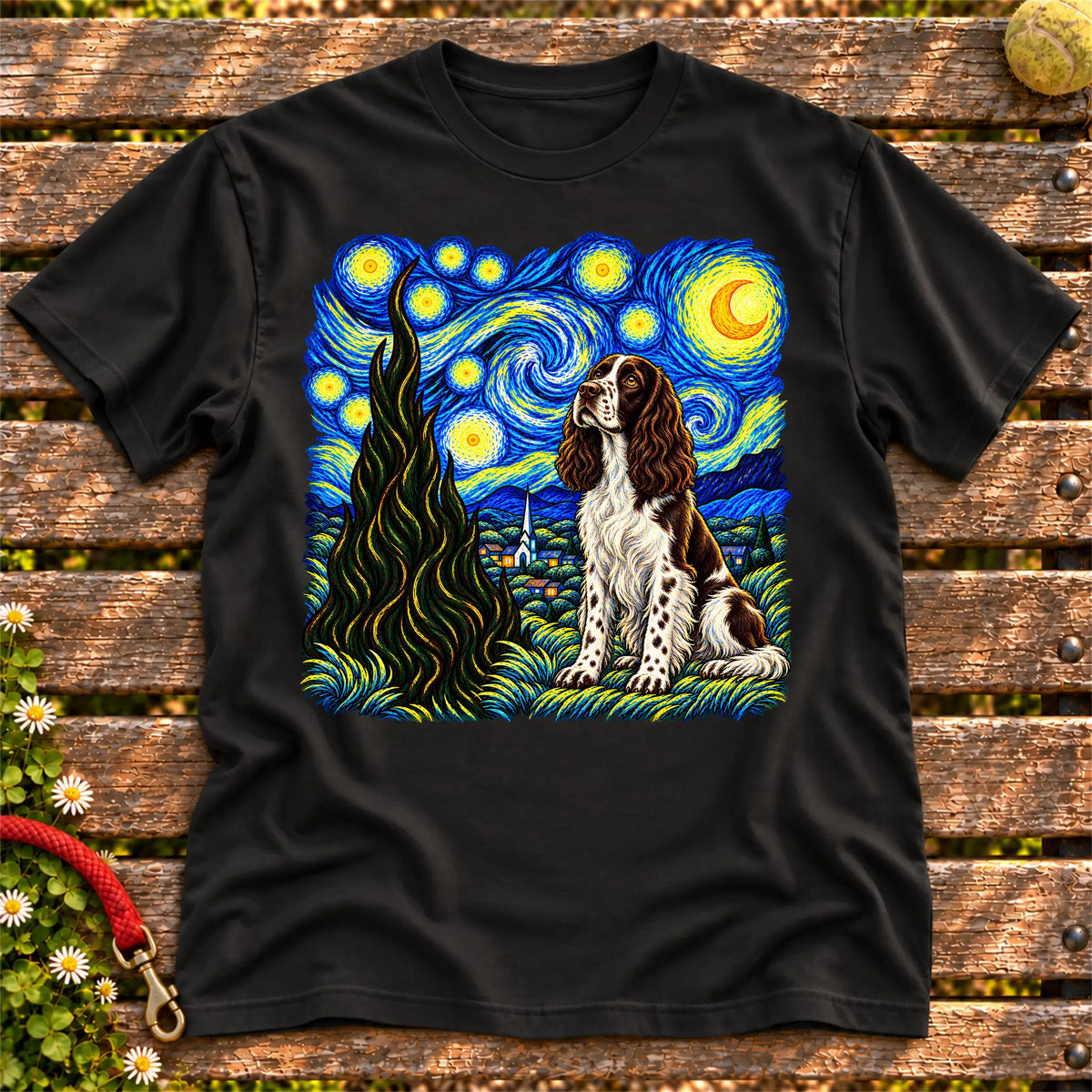 Colorful Springer Spaniel beneath a swirling starry night sky on a Black T-shirt