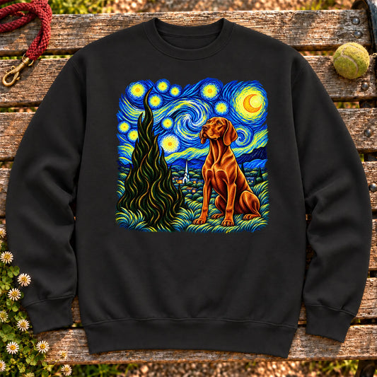 Colorful Vizsla beneath a swirling starry night sky on a Black sweatshirt
