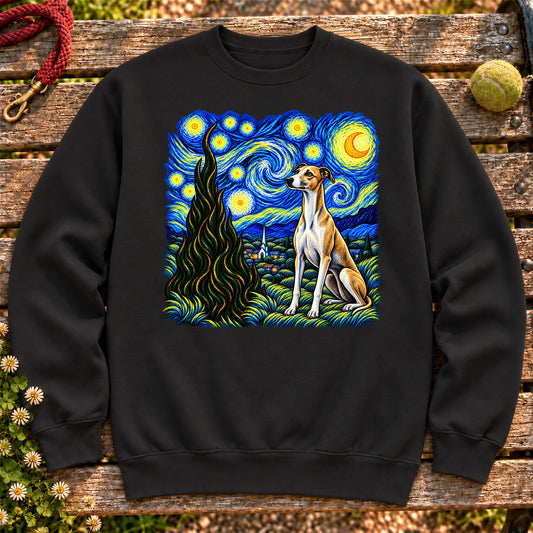 Colorful Whippet beneath a swirling starry night sky on a Black sweatshirt