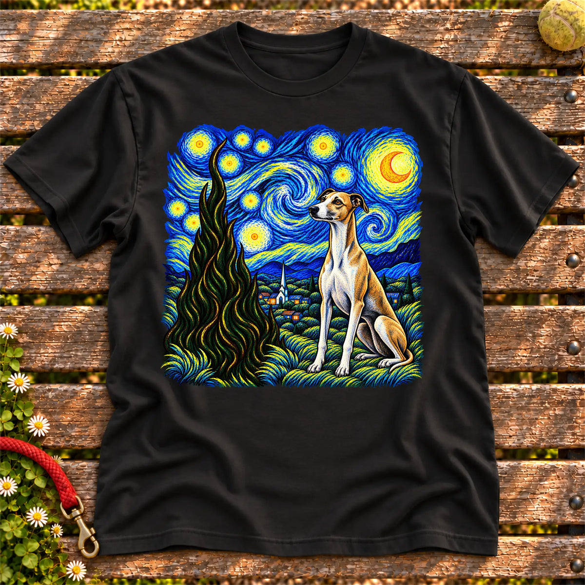 Colorful Whippet beneath a swirling starry night sky on a Black T-shirt