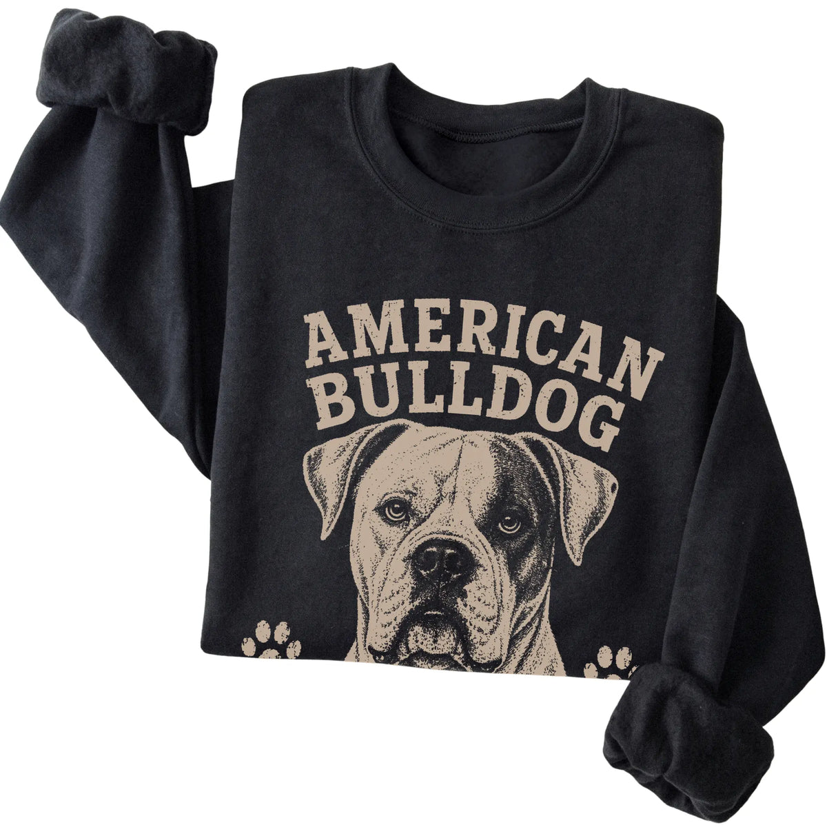 Black crewneck sweatshirt featuring Strong Opinions, Stronger Heart - American Bulldog, folded presentation