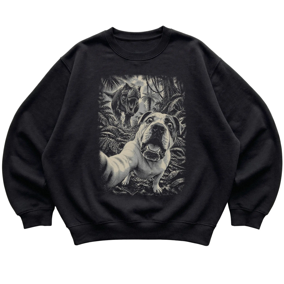 T-Rex Selfie American Bulldog Gildan Heavy Blend Crewneck Sweatshirt in Black, flat lay