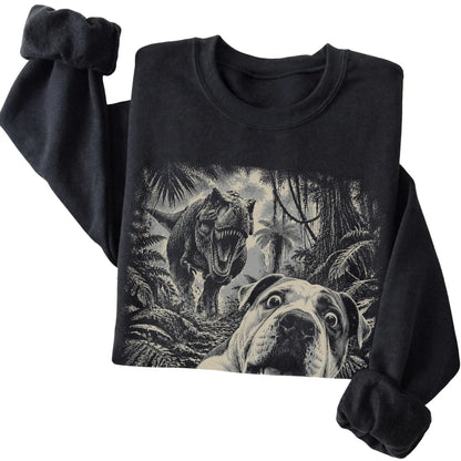 T-Rex Selfie American Bulldog Gildan Heavy Blend Crewneck Sweatshirt in Black, folded detail