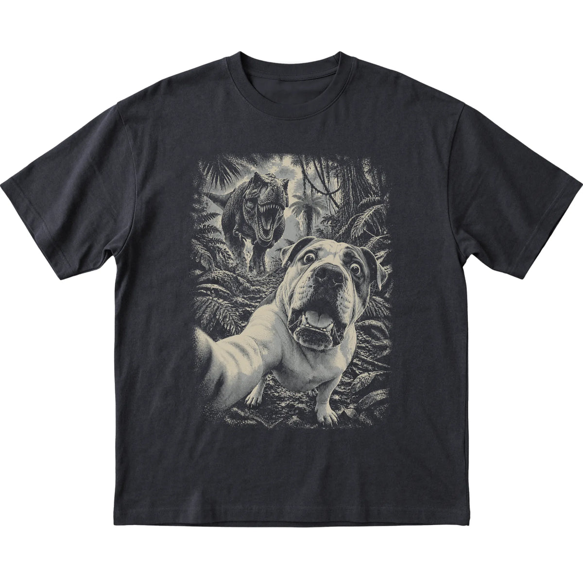 T-Rex Selfie American Bulldog Gildan Softstyle T-Shirt in Black, flat lay