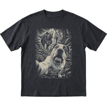 T-Rex Selfie American Bulldog Gildan Softstyle T-Shirt in Black, flat lay