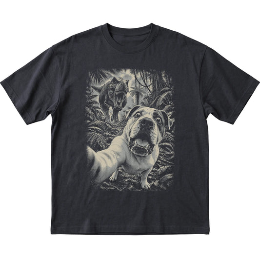 T-Rex Selfie American Bulldog Gildan Softstyle T-Shirt in Black, flat lay