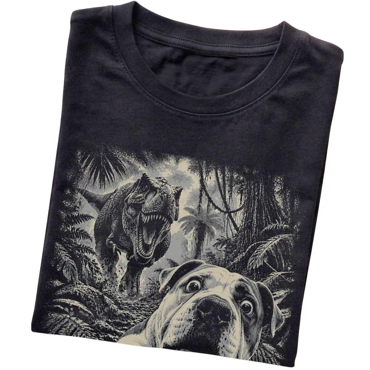 T-Rex Selfie American Bulldog Gildan Softstyle T-Shirt in Black, folded detail