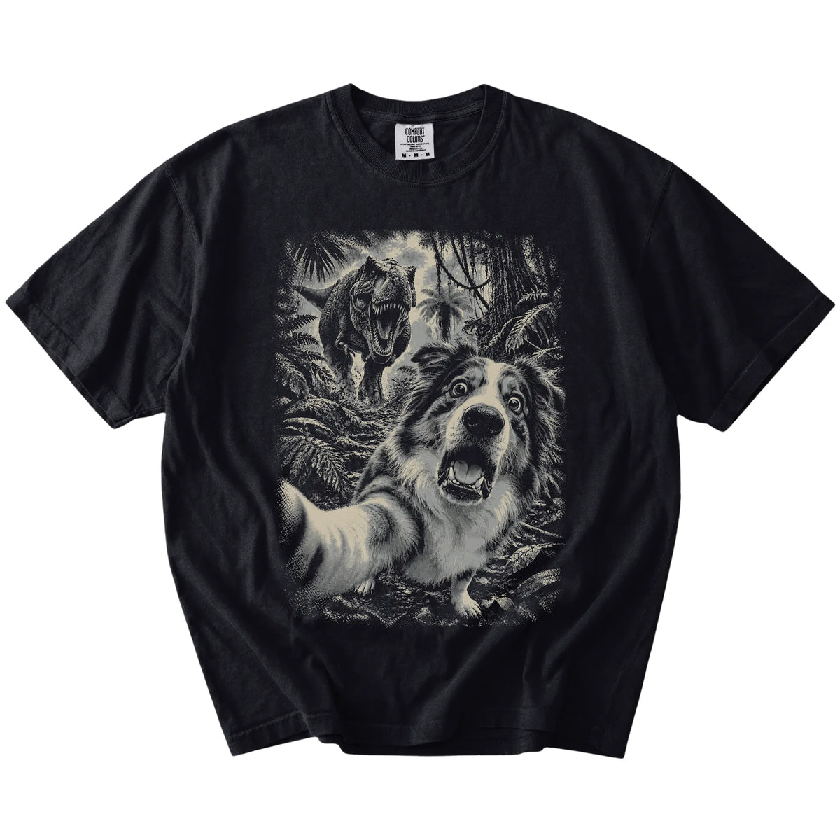 T-Rex Selfie Australian Shepherd Comfort Colors 1717 T-Shirt in Black, flat lay