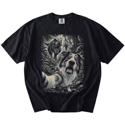 T-Rex Selfie Australian Shepherd Comfort Colors 1717 T-Shirt in Black, flat lay