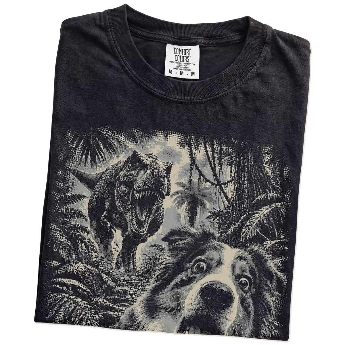 T-Rex Selfie Australian Shepherd Comfort Colors 1717 T-Shirt in Black, folded detail