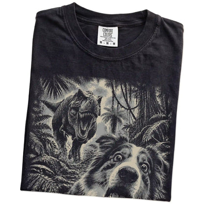 T-Rex Selfie Australian Shepherd Comfort Colors 1717 T-Shirt in Black, folded detail