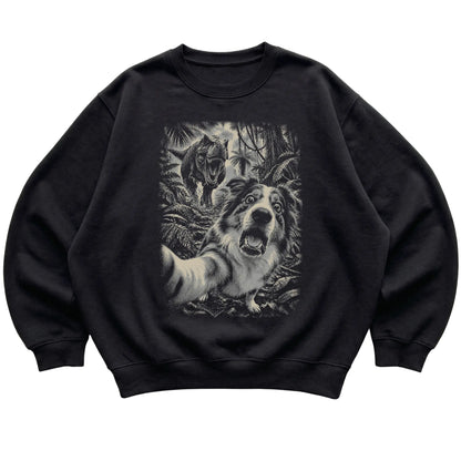 T-Rex Selfie Australian Shepherd Gildan Heavy Blend Crewneck Sweatshirt in Black, flat lay
