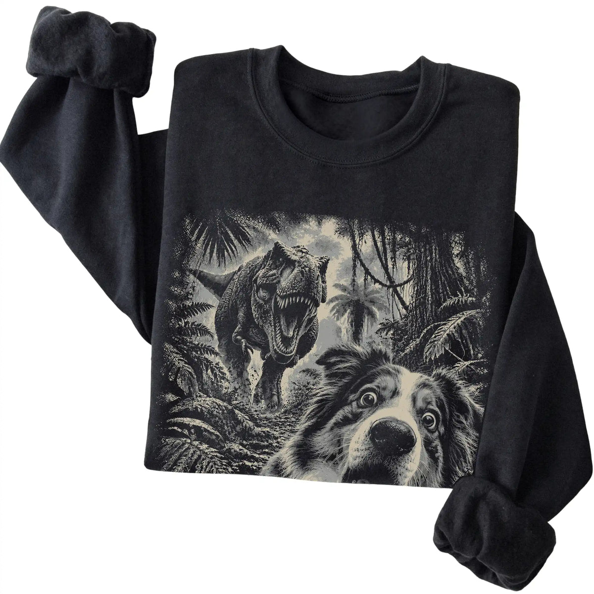 T-Rex Selfie Australian Shepherd Gildan Heavy Blend Crewneck Sweatshirt in Black, folded detail