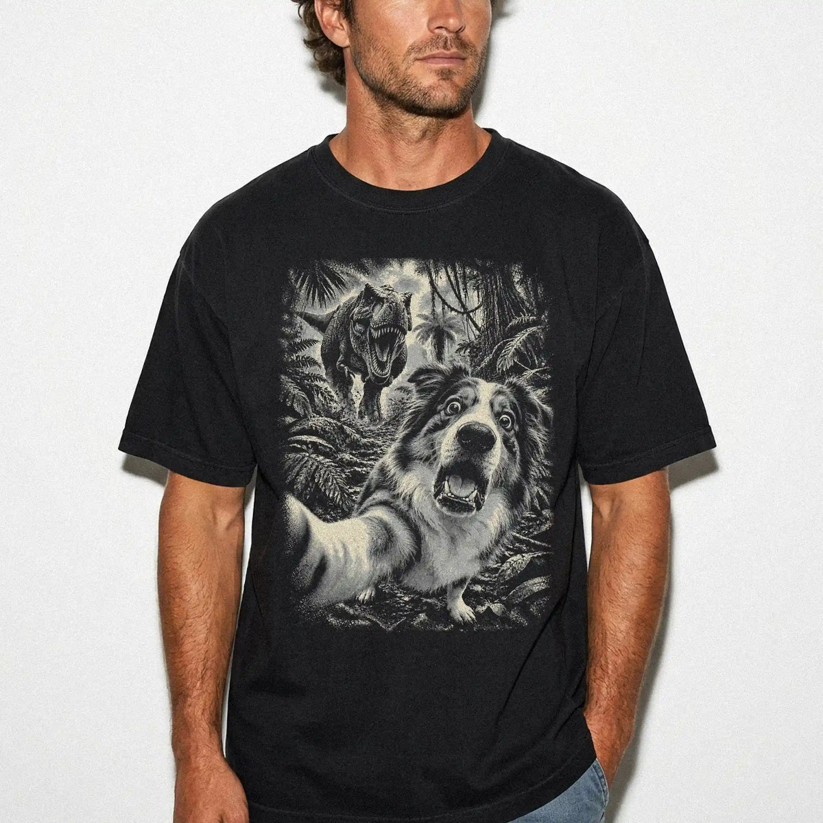 T-Rex Selfie Australian Shepherd Comfort Colors 1717 T-Shirt in Black, studio lifestyle