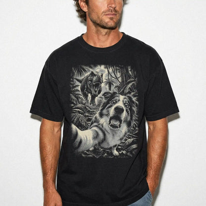 T-Rex Selfie Australian Shepherd Comfort Colors 1717 T-Shirt in Black, studio lifestyle