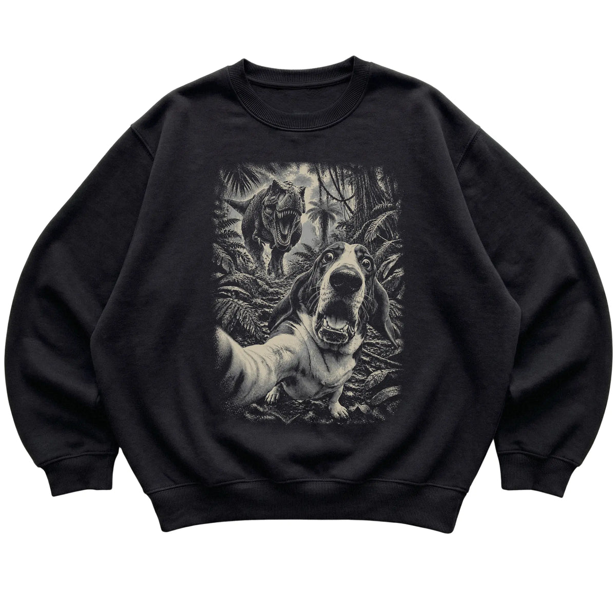 T-Rex Selfie Basset Hound Gildan Heavy Blend Crewneck Sweatshirt in Black, flat lay