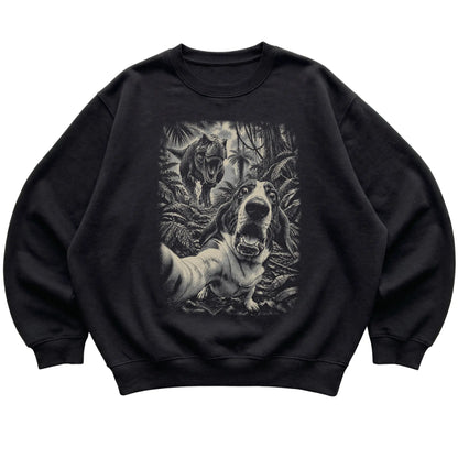 T-Rex Selfie Basset Hound Gildan Heavy Blend Crewneck Sweatshirt in Black, flat lay