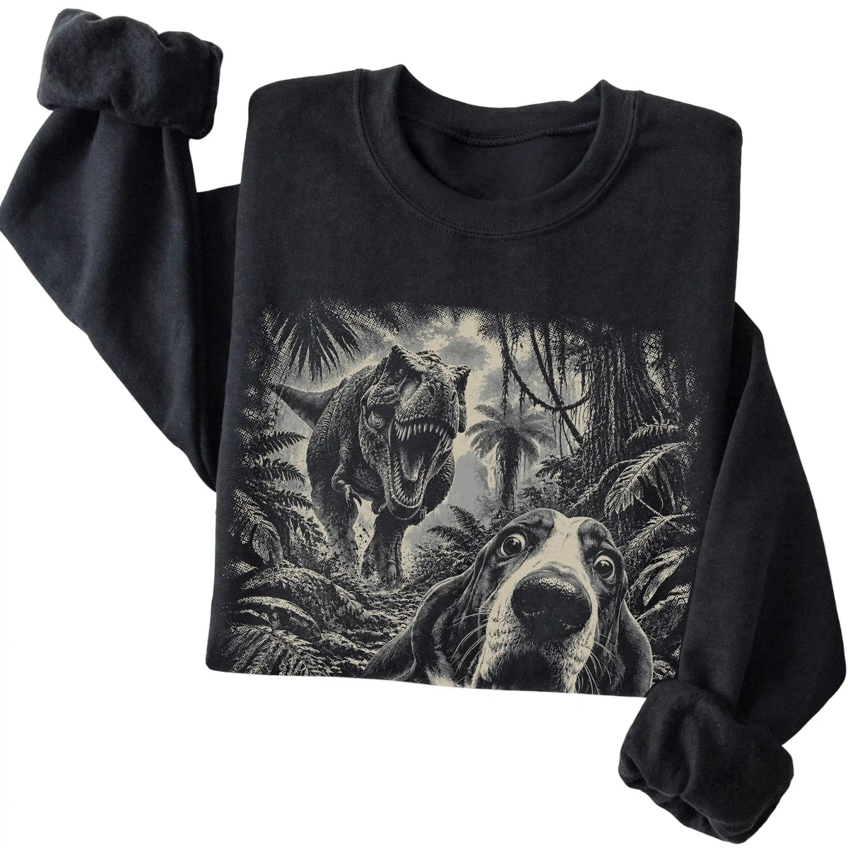 T-Rex Selfie Basset Hound Gildan Heavy Blend Crewneck Sweatshirt in Black, folded detail