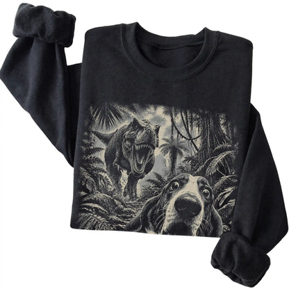 T-Rex Selfie Basset Hound Gildan Heavy Blend Crewneck Sweatshirt in Black, folded detail