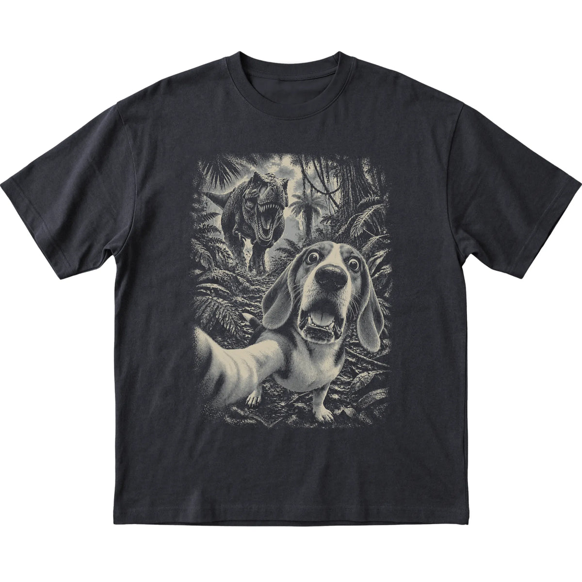 T-Rex Selfie Beagle Gildan Softstyle T-Shirt in Black, flat lay