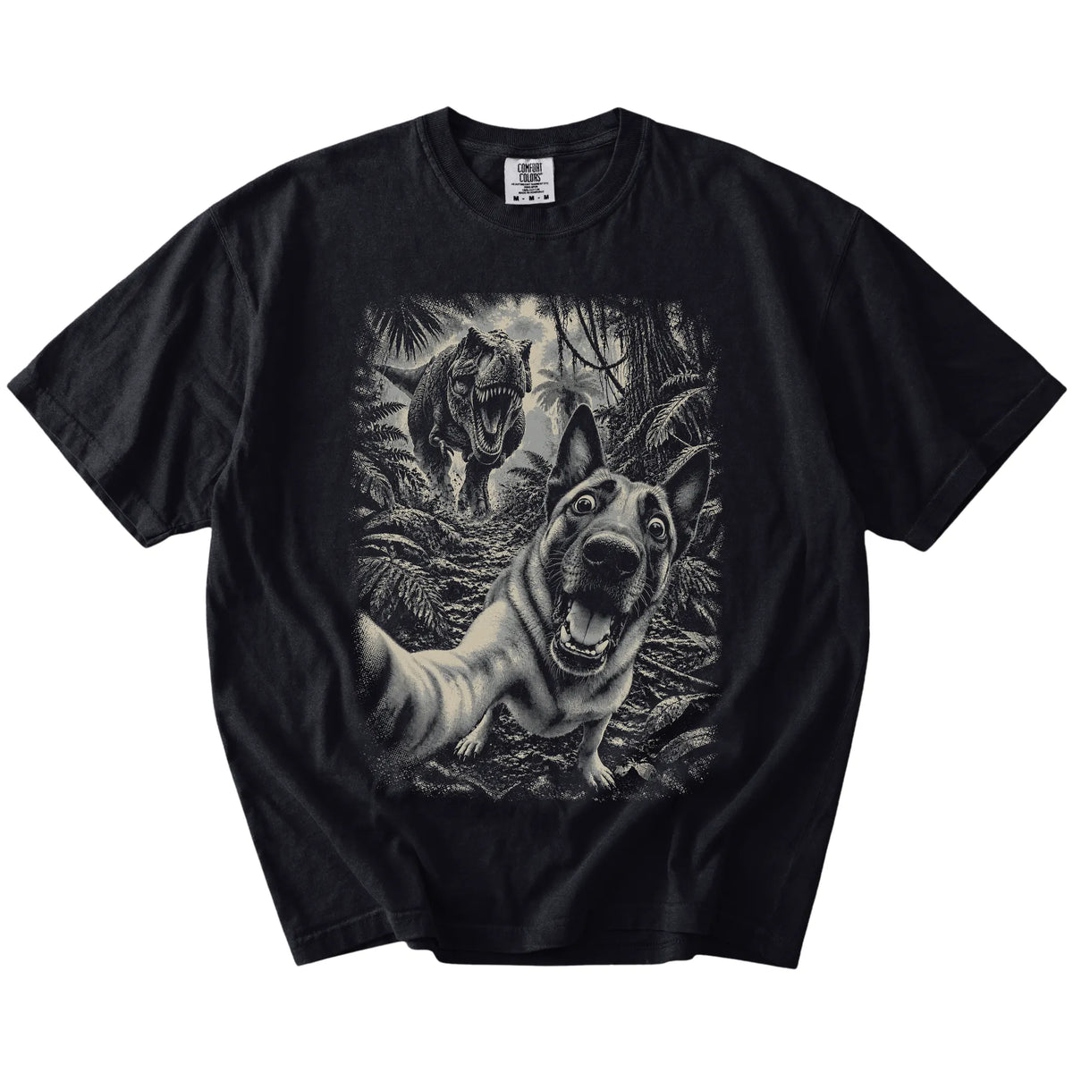 T-Rex Selfie Belgian Malinois Comfort Colors 1717 T-Shirt in Black, flat lay