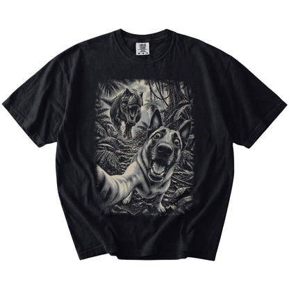 T-Rex Selfie Belgian Malinois Comfort Colors 1717 T-Shirt in Black, flat lay