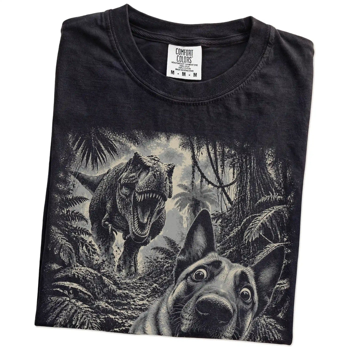 T-Rex Selfie Belgian Malinois Comfort Colors 1717 T-Shirt in Black, folded detail