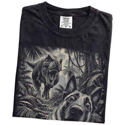T-Rex Selfie Belgian Malinois Comfort Colors 1717 T-Shirt in Black, folded detail