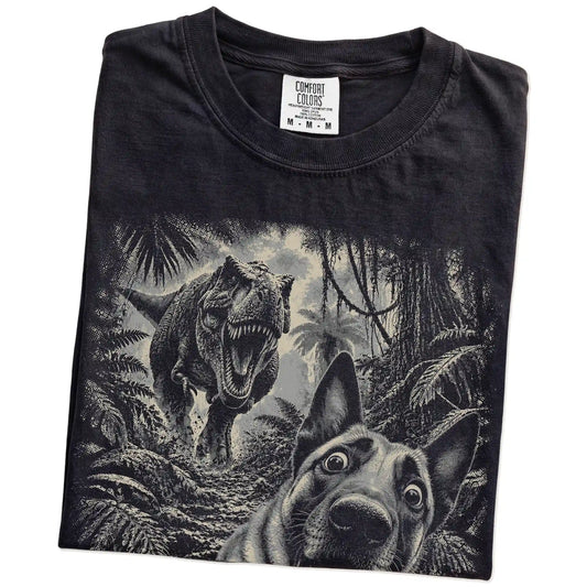 T-Rex Selfie Belgian Malinois Comfort Colors 1717 T-Shirt in Black, folded detail