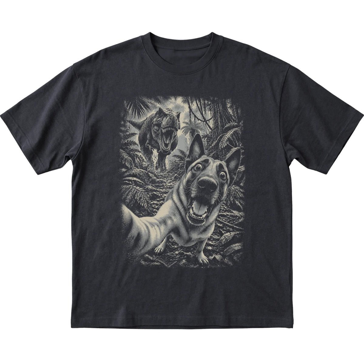 T-Rex Selfie Belgian Malinois Gildan Softstyle T-Shirt in Black, flat lay