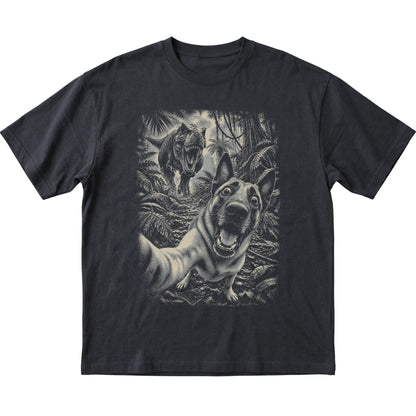 T-Rex Selfie Belgian Malinois Gildan Softstyle T-Shirt in Black, flat lay