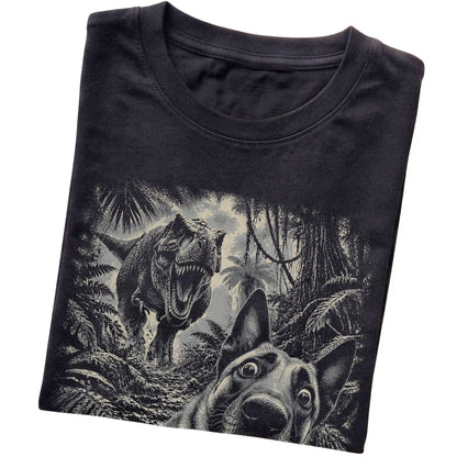 T-Rex Selfie Belgian Malinois Gildan Softstyle T-Shirt in Black, folded detail