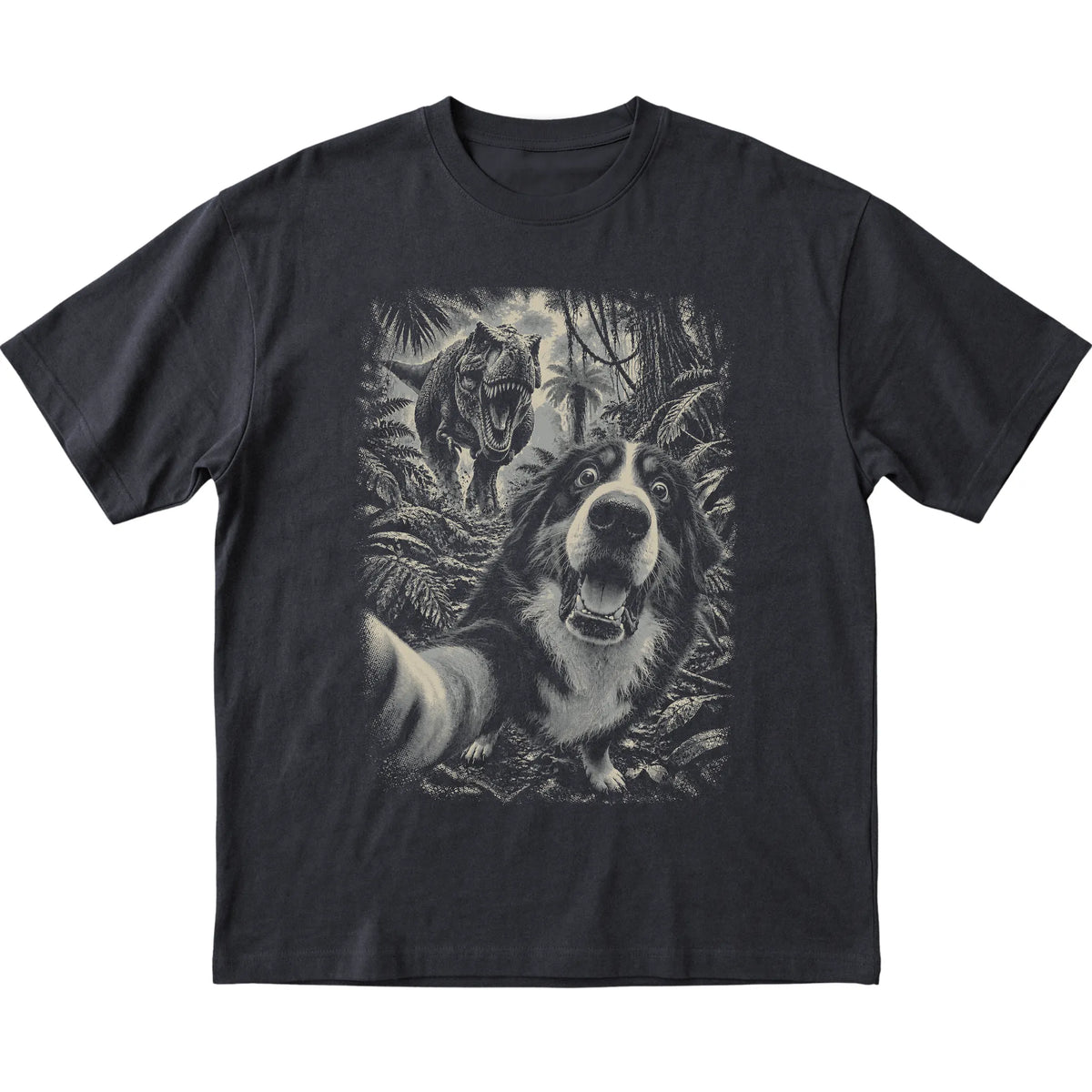 T-Rex Selfie Bernese Mountain Dog Gildan Softstyle T-Shirt in Black, flat lay