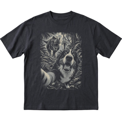 T-Rex Selfie Bernese Mountain Dog Gildan Softstyle T-Shirt in Black, flat lay