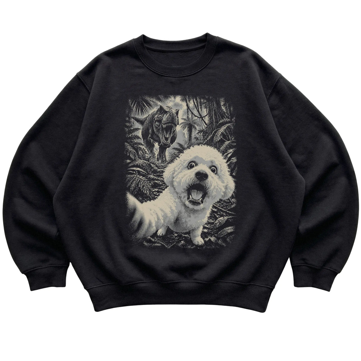 T-Rex Selfie Bichon Frise Gildan Heavy Blend Crewneck Sweatshirt in Black, flat lay