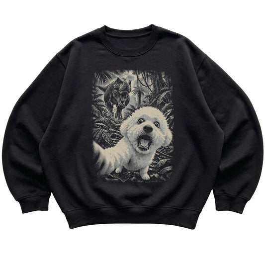 T-Rex Selfie Bichon Frise Gildan Heavy Blend Crewneck Sweatshirt in Black, flat lay