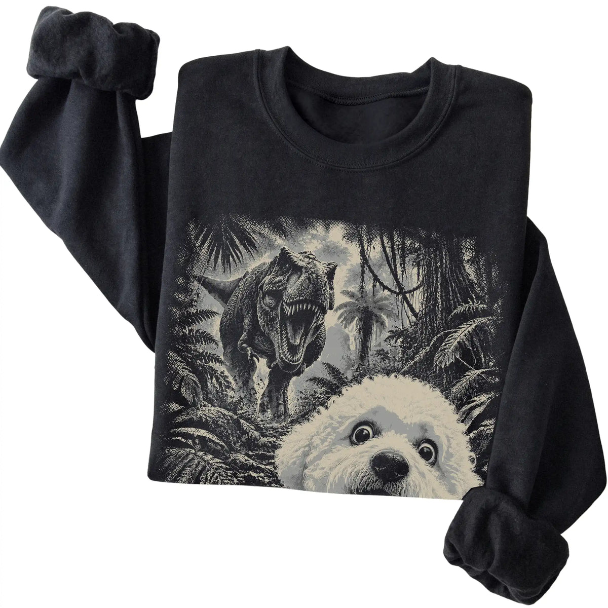 T-Rex Selfie Bichon Frise Gildan Heavy Blend Crewneck Sweatshirt in Black, folded detail