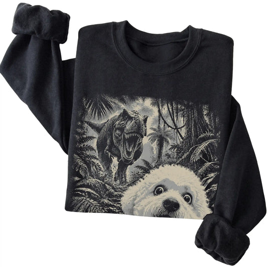 T-Rex Selfie Bichon Frise Gildan Heavy Blend Crewneck Sweatshirt in Black, folded detail