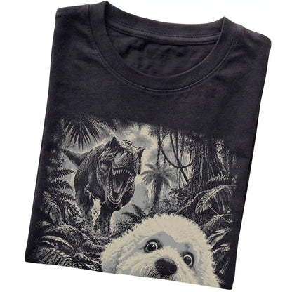 T-Rex Selfie Bichon Frise Gildan Softstyle T-Shirt in Black, folded detail