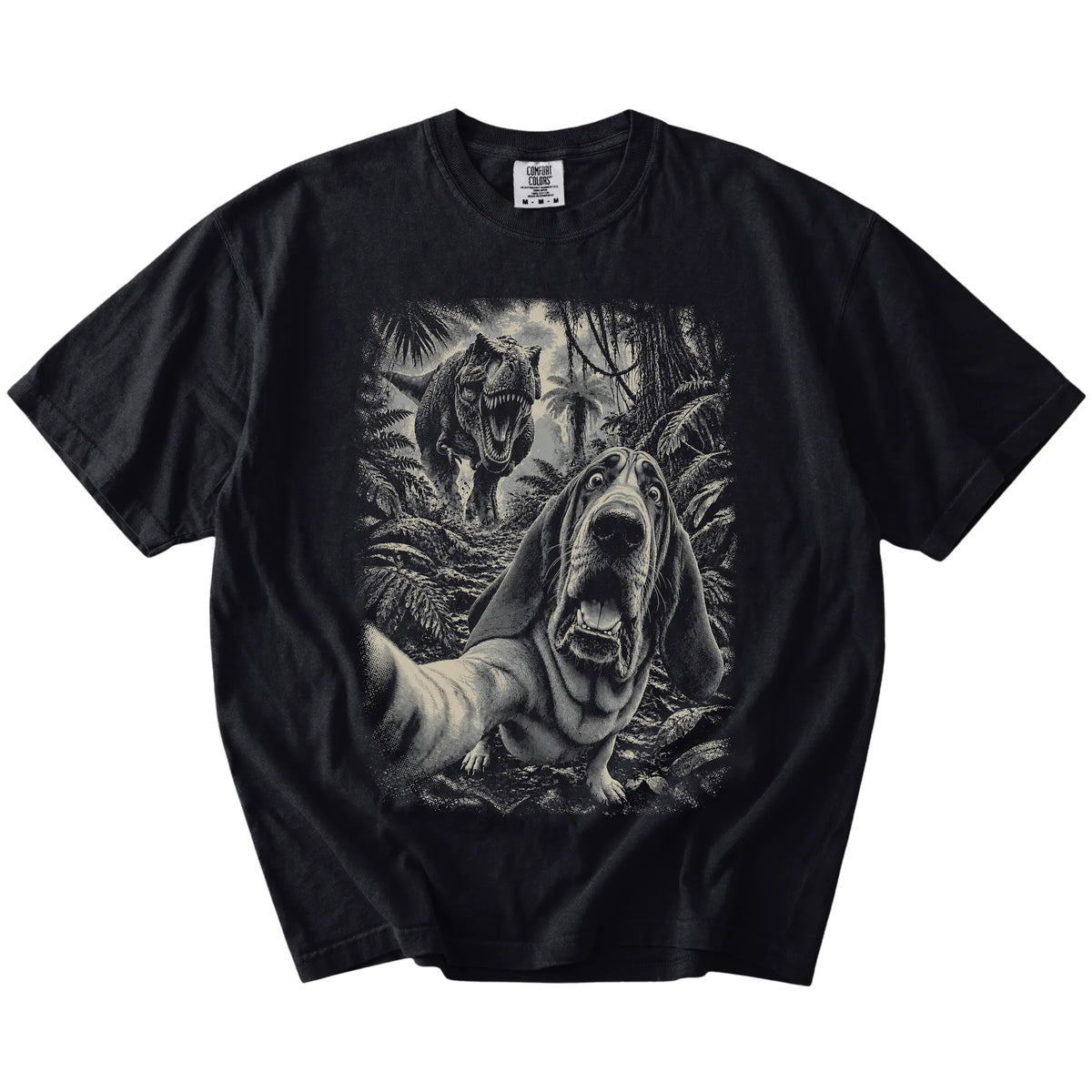 T-Rex Selfie Bloodhound Comfort Colors 1717 T-Shirt in Black, flat lay