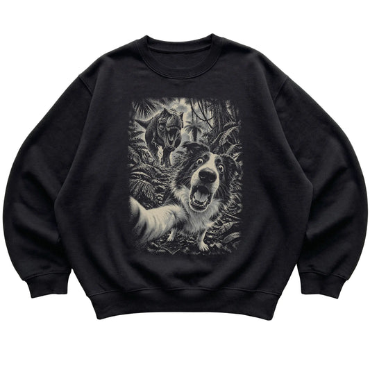 T-Rex Selfie Border Collie Gildan Heavy Blend Crewneck Sweatshirt in Black, flat lay