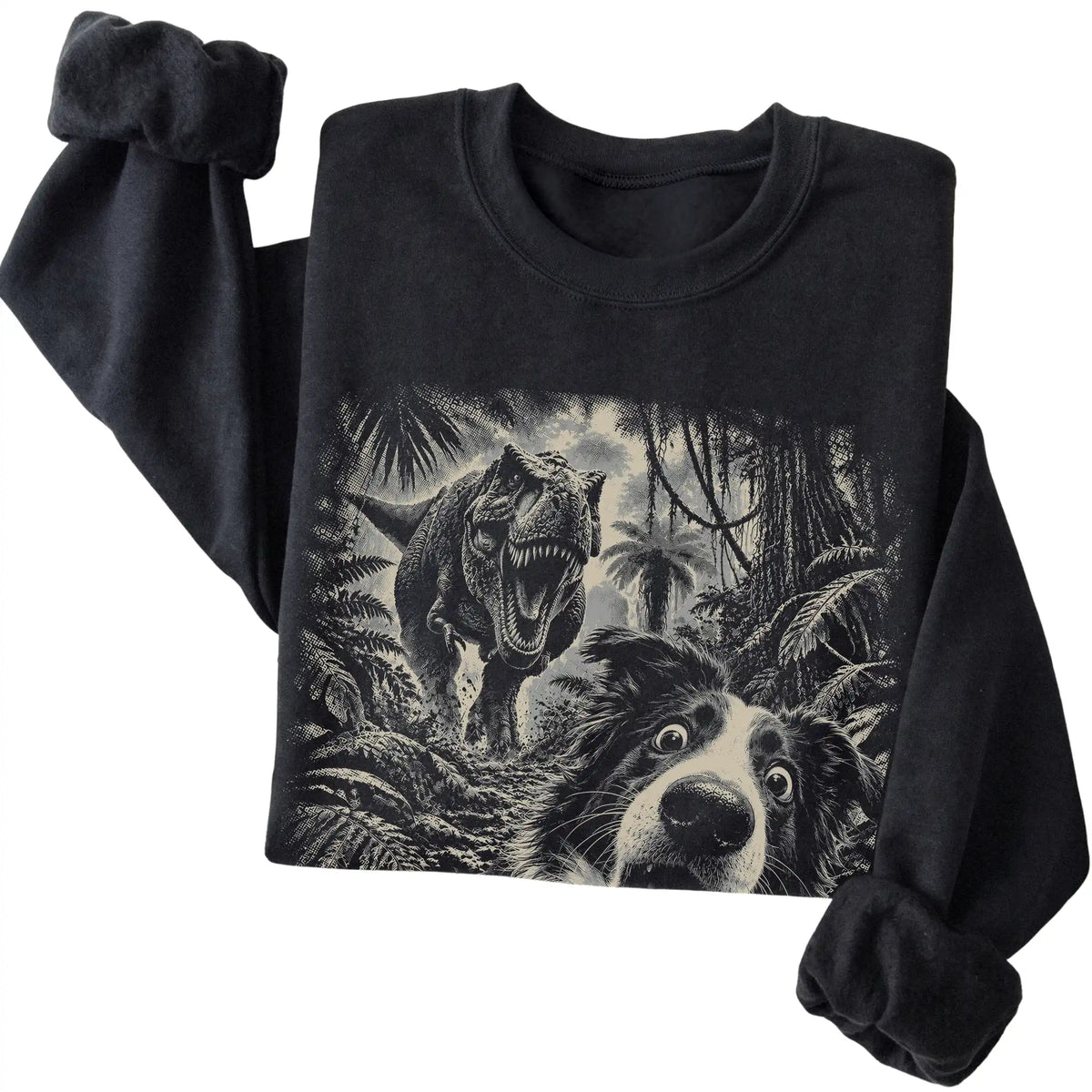 T-Rex Selfie Border Collie Gildan Heavy Blend Crewneck Sweatshirt in Black, folded detail