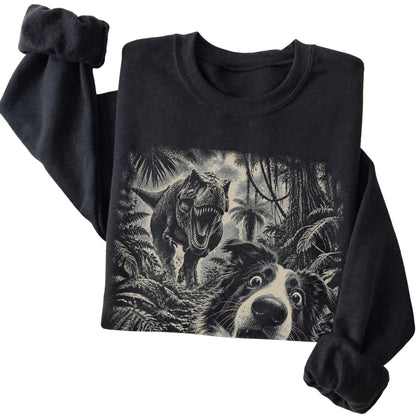 T-Rex Selfie Border Collie Gildan Heavy Blend Crewneck Sweatshirt in Black, folded detail