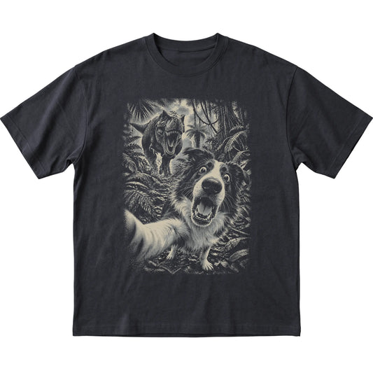 T-Rex Selfie Border Collie Gildan Softstyle T-Shirt in Black, flat lay
